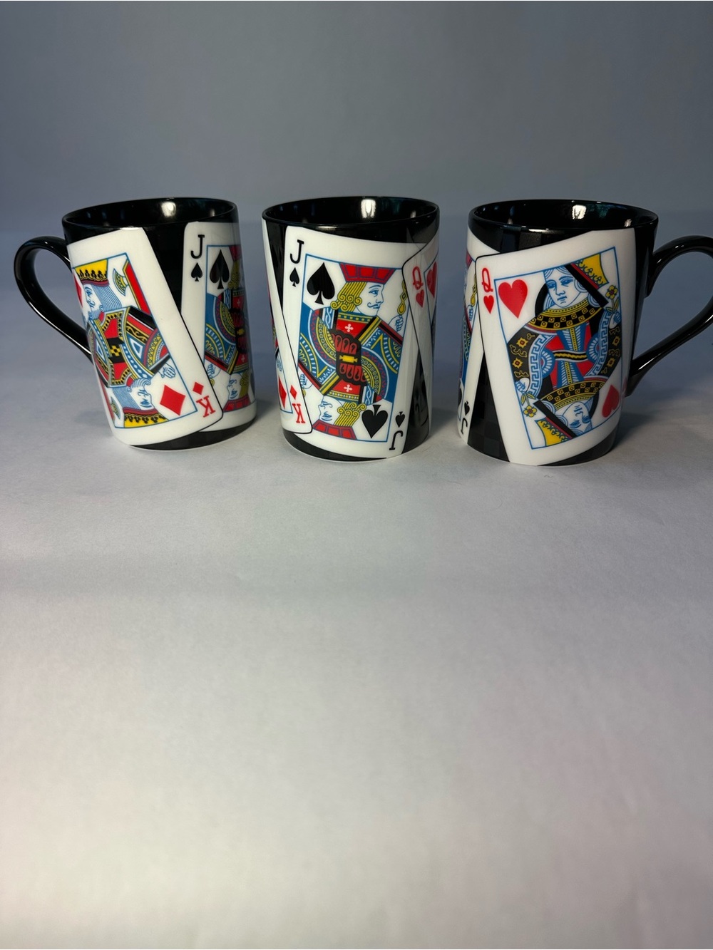 Fitz and Floyd Playing Card Ceramic Mug Set — White Exteriors, Black Interiors
